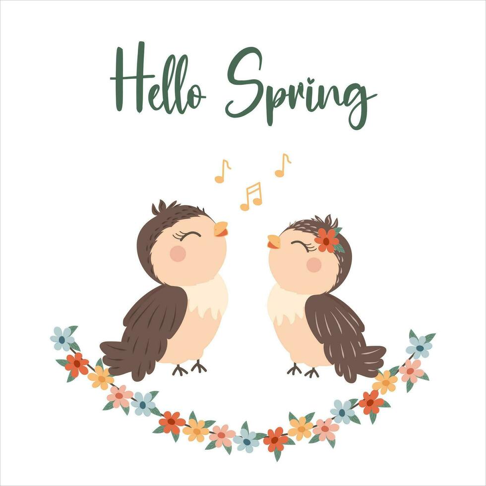 Vektor Singen Vögel im Karikatur Stil. Symbol von Frühling. Hallo Frühling. Frühling ist auf das Seite. Vektor Illustration.