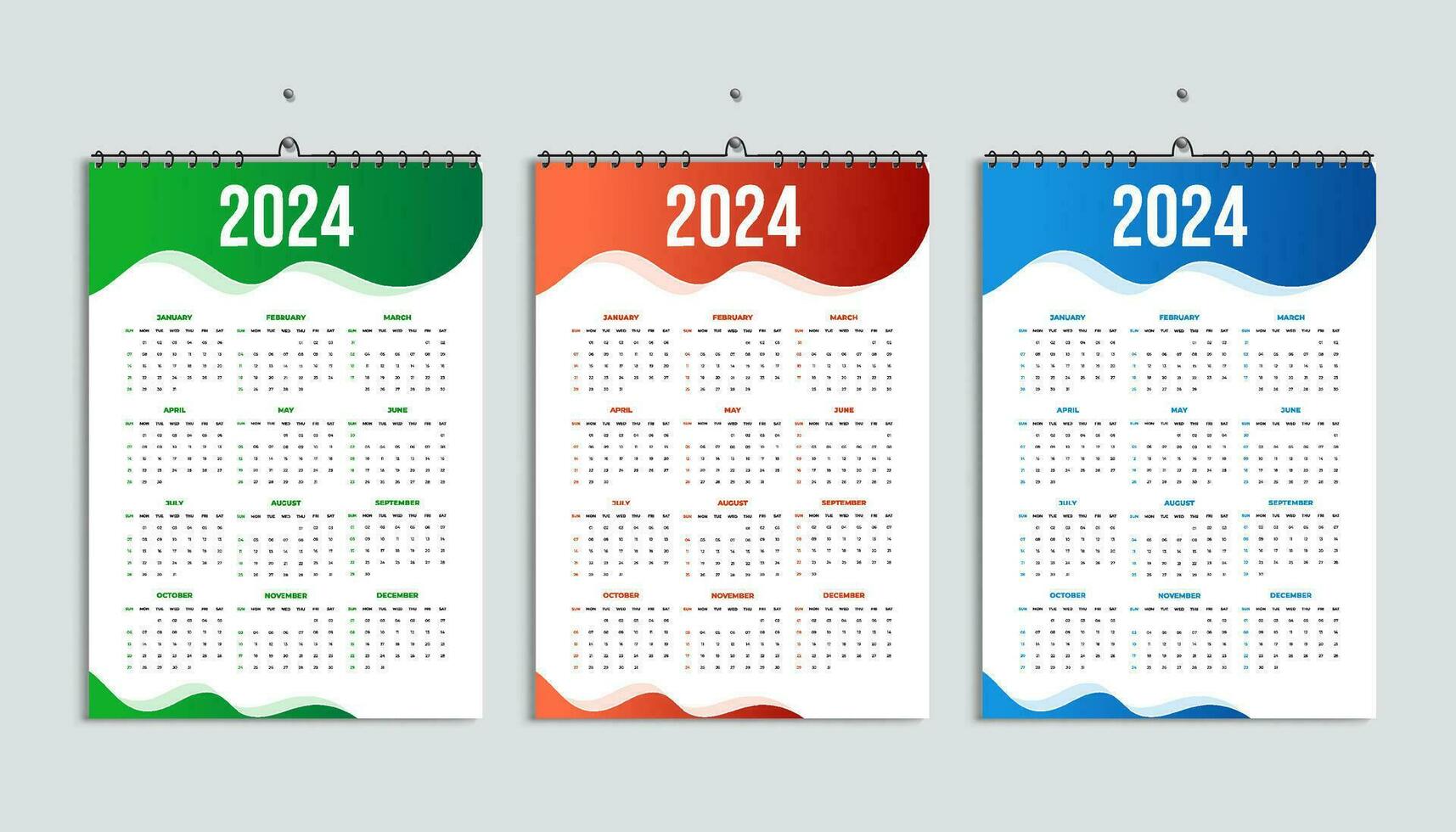 företags- och kreativ 2024 vägg kalender, färgrik 2024 kalender, enkel och minimal design, vecka börjar måndag, skola, Bank, företag kontor använda sig av, abstrakt lutning Färg form skriva ut, brevpapper, ad vektor