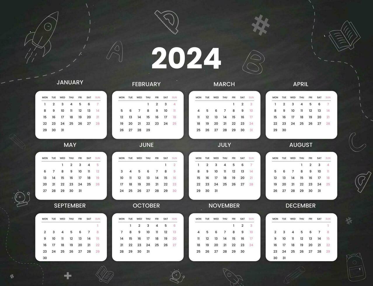 svart minimal 2024 skrivbord kalender mall, Häftigt hand dragen skola objekt bakgrund design vektor