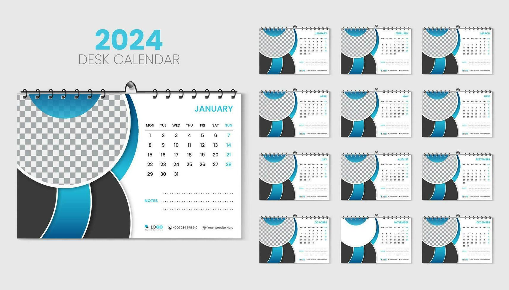 skrivbord kalender 2025 design mall, 12 sidor, blå geometrisk form, brevpapper, kontor vektor