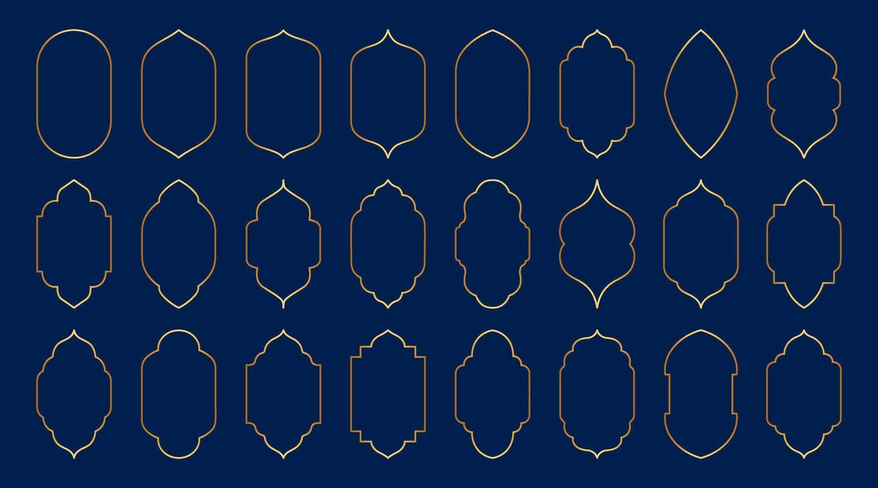 Gold islamisch modern minimalistisch ästhetisch linear Bogen Frames einstellen Elemente. lineart geometrisch Formen. Boho Linie Kunst Vektor Illustration zum Sozial Medien, Poster