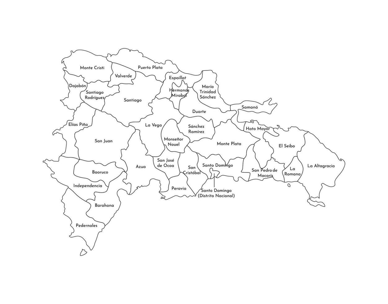 Vektor isoliert Illustration von vereinfacht administrative Karte von dominikanisch Republik. Grenzen und Namen von das Provinzen. schwarz Linie Silhouetten.