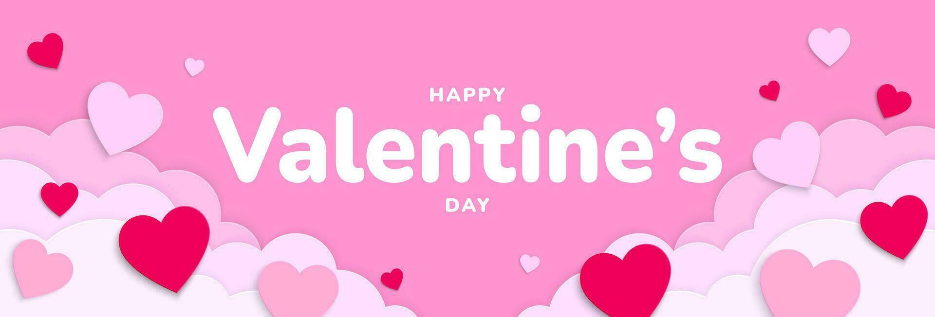 glücklich Valentinsgrüße Tag. Valentinstag Hintergrund Design mit Papier Wolken, fliegend rot und Rosa Herz Formen. Vektor Illustration