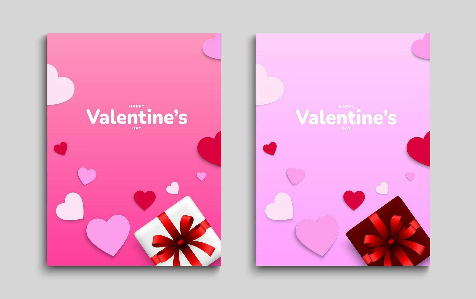 hjärtans dag kort uppsättning. 3d gåva låda, röd och rosa papper hjärtan. affisch, omslag, flygblad mall. vektor illustration