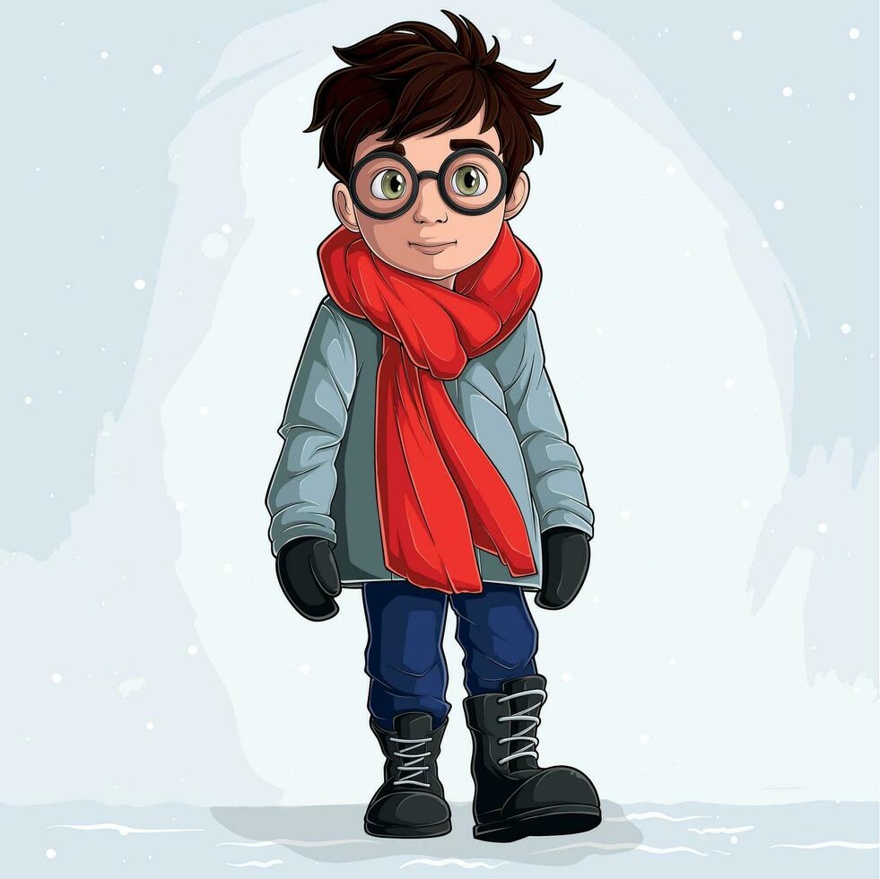 Vektor handgemalt Kind Junge im Jacke, Stiefel, und rot Schal auf Weiß Winter schneebedeckt Hintergrund