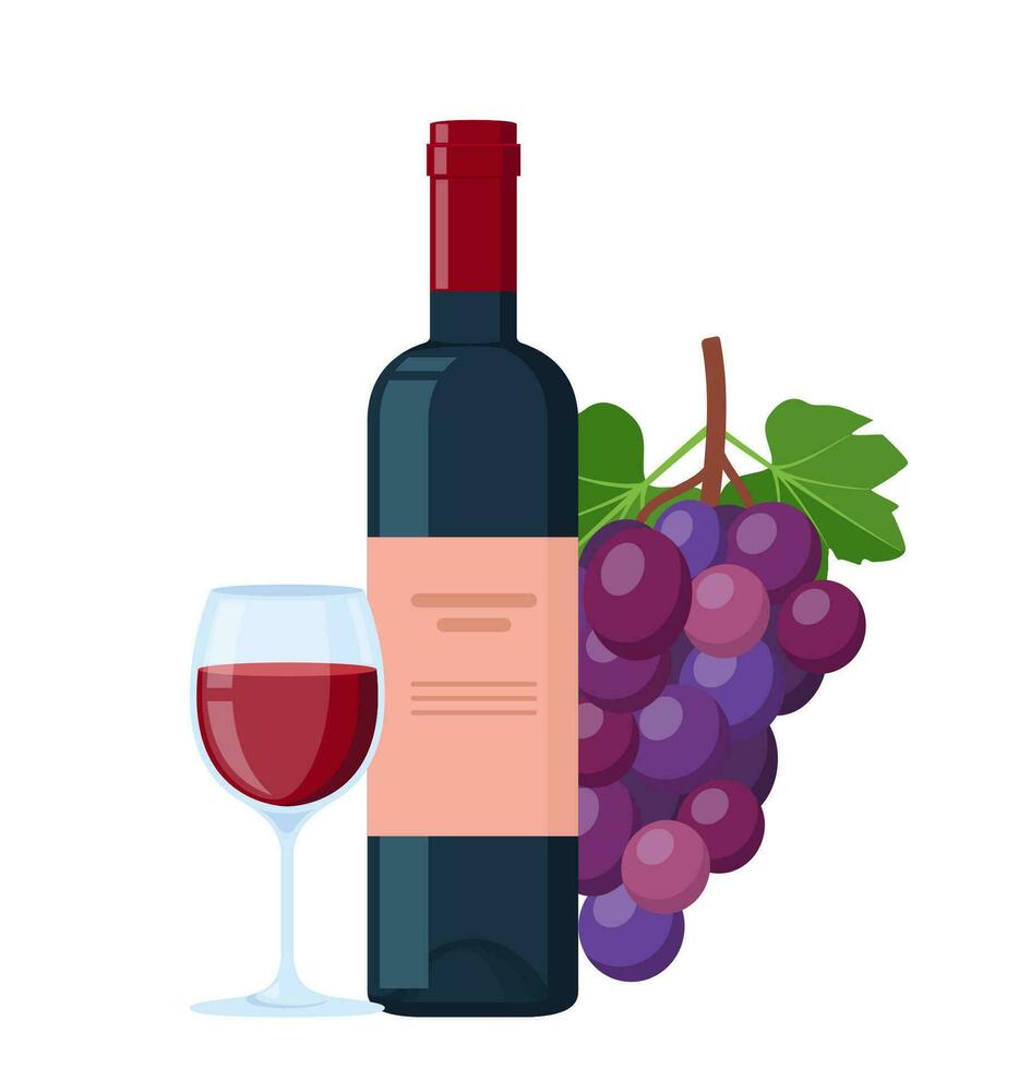 Flasche von Wein mit ein Glas und Trauben. Weingut. Vektor Illustration.