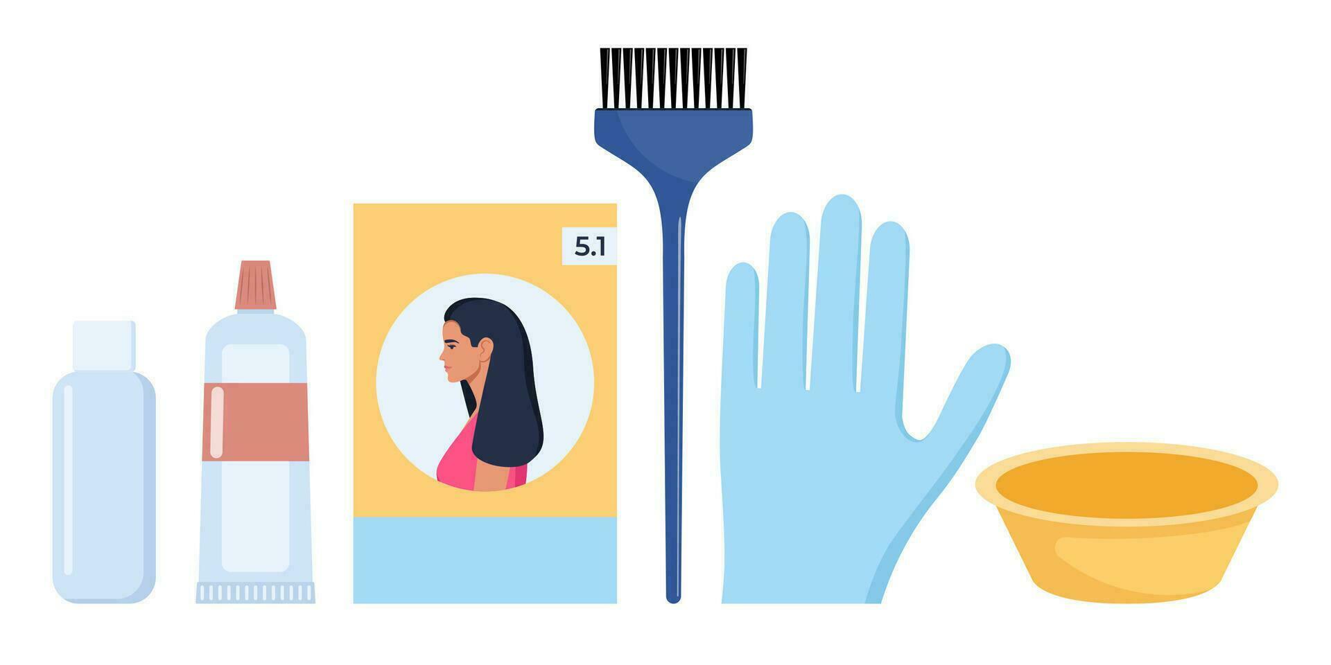 Haar Färbung Elemente. Haar Farbstoff, Bürste, Kamm, Schüssel, Handschuhe, Oxidationsmittel, Haar Balsam. Werkzeuge und kosmetisch Produkte zum Haar Pflege. Elemente zum Schönheit Salon. Vektor Illustration.