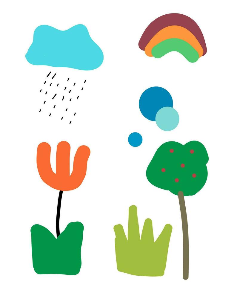 barn dra träd, blommor. gräs, regn, regnbåge vektor