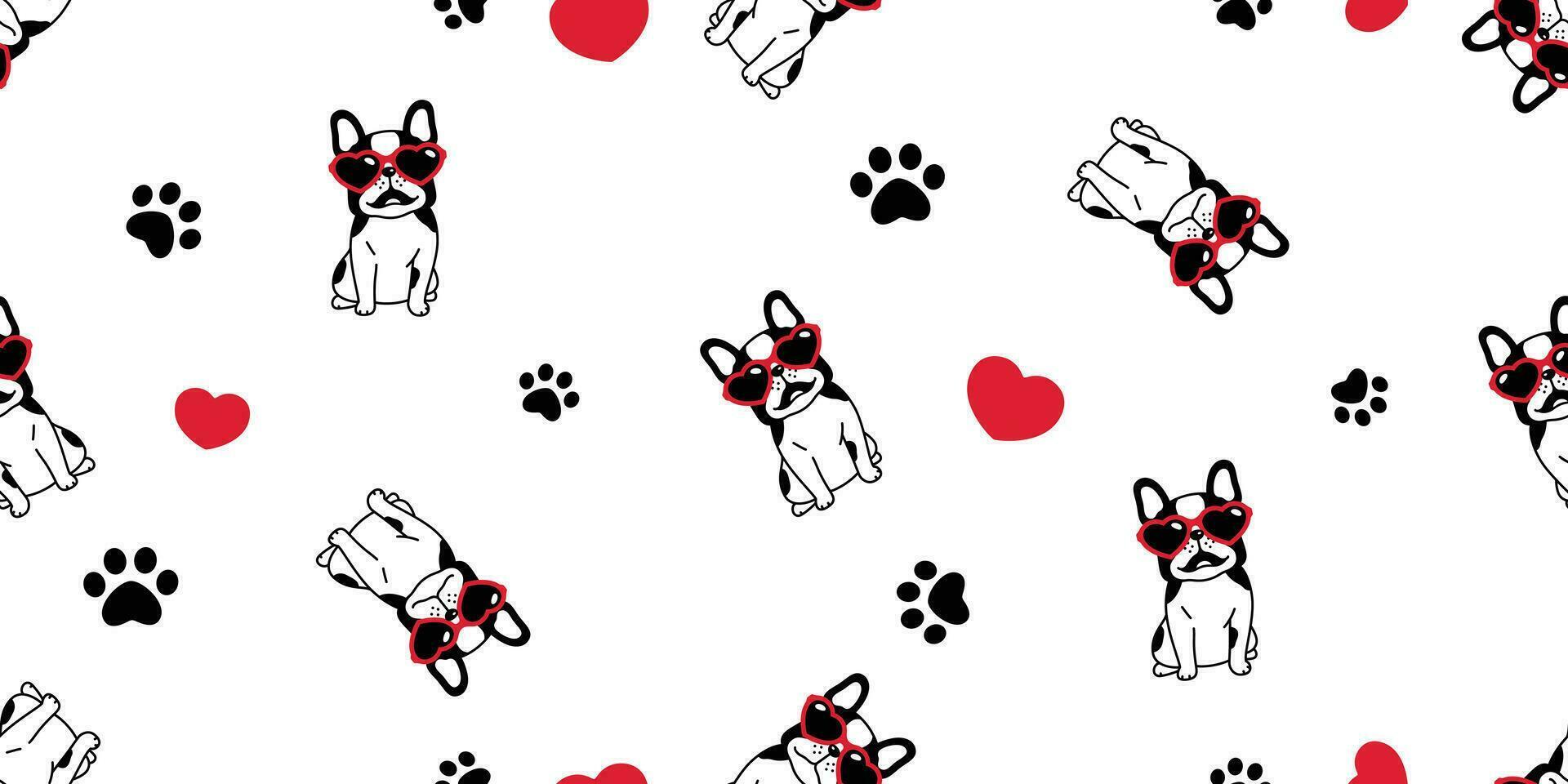 hund sömlös mönster franska bulldogg valentine vektor hjärta solglasögon Tass fotavtryck valp scarf isolerat upprepa tapet bricka bakgrund tecknad serie klotter illustration design