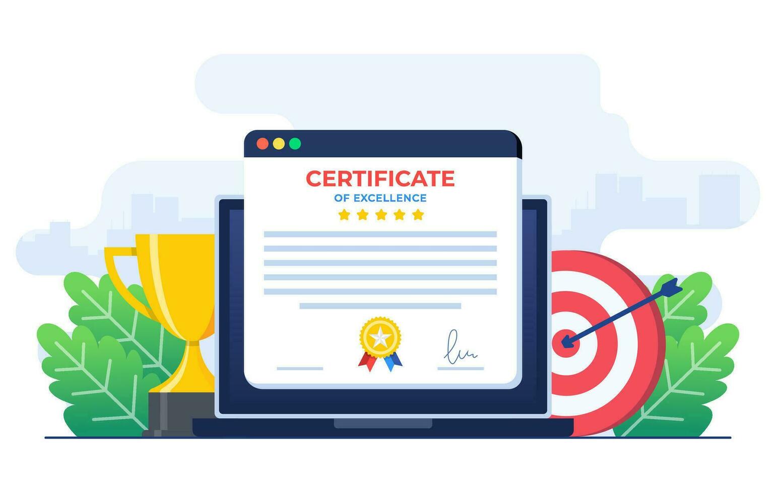 certifikat begrepp platt illustration vektor mall, tilldela, pris- och uppskattning begrepp, uppkopplad utbildning, Träning kurs, e-lärande, digital certifikat program, avlägsen och distans studie