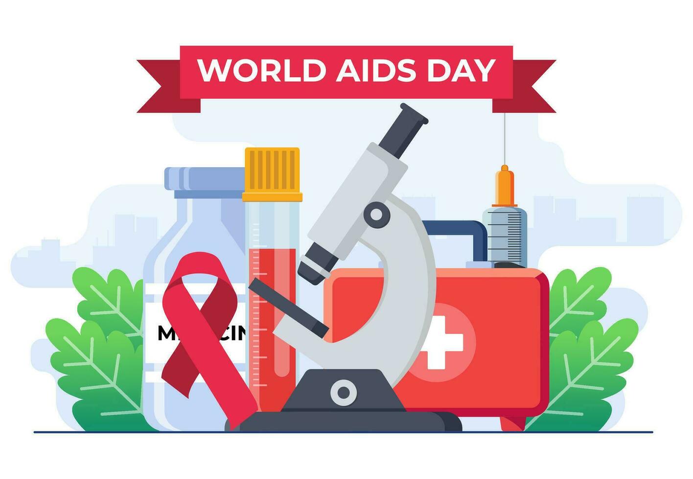 värld AIDS dag illustration begrepp platt vektor illustration vektor mall, medicinsk Utrustning med mikroskop, spruta, rör, röd band till höja medvetenhet av de AIDS epidemi