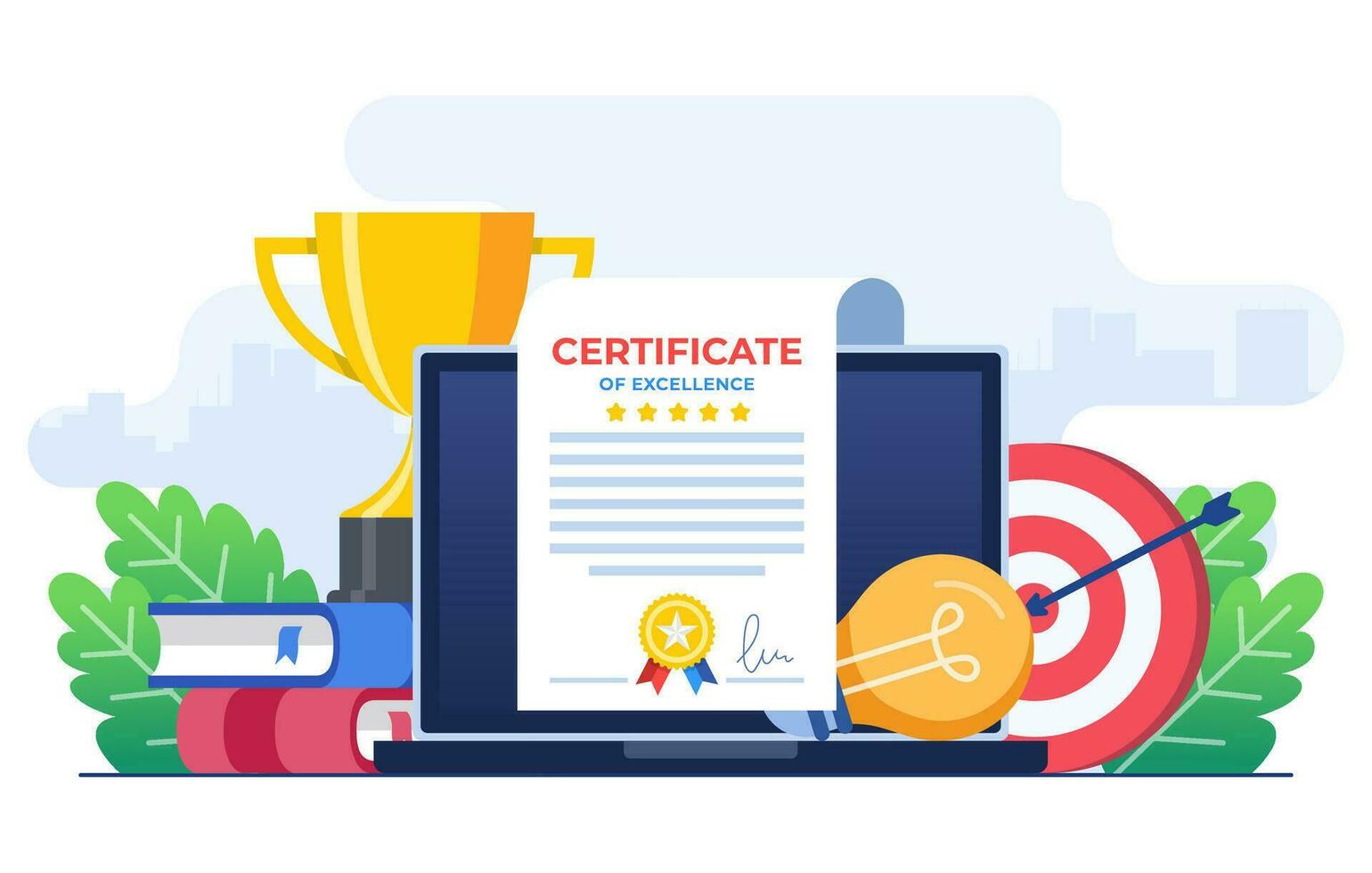 certifikat begrepp platt illustration vektor mall, tilldela, pris- och uppskattning begrepp, uppkopplad utbildning, Träning kurs, e-lärande, digital certifikat program, avlägsen och distans studie