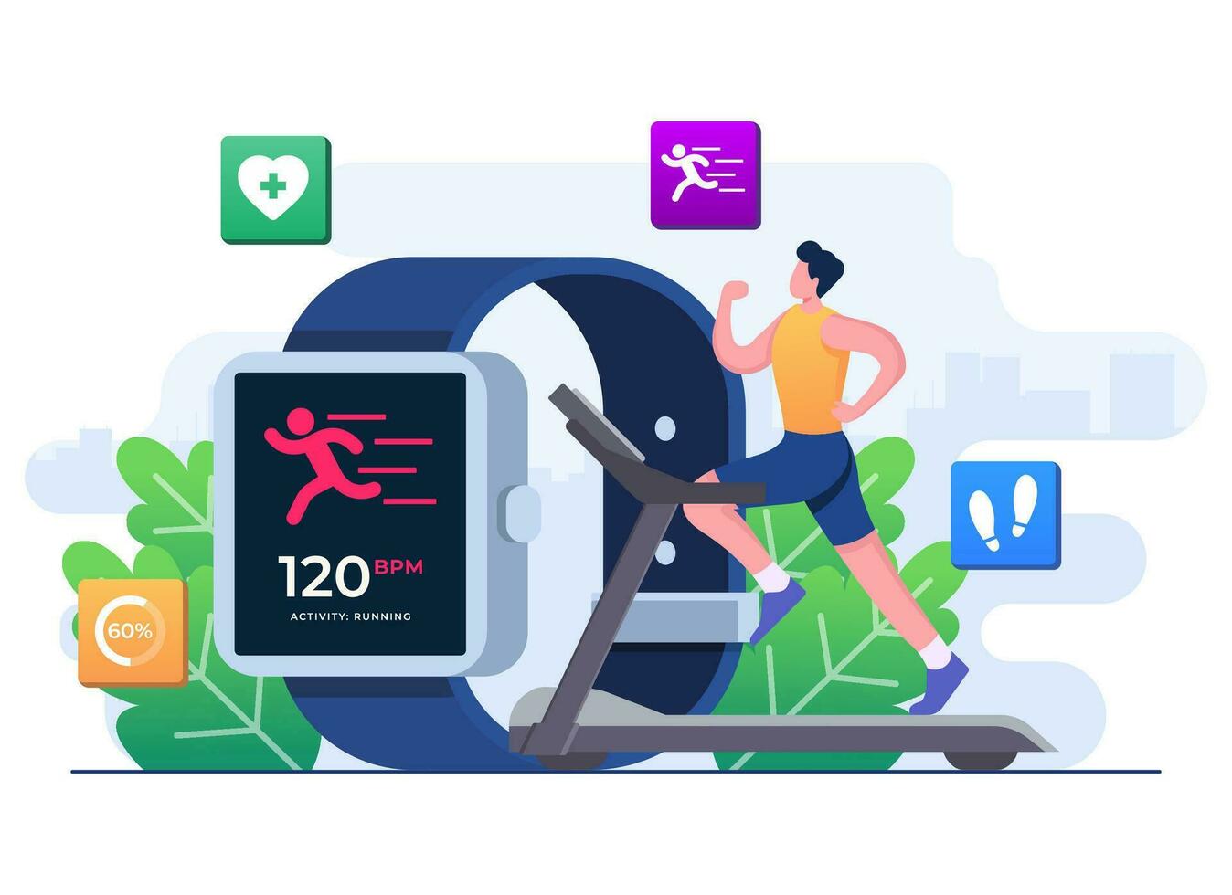 männlich Charakter Laufen auf ein Laufband, Smartwatch Gesundheit Tracker, Clever Arbeiten, Ausbildung, Sport Übungen, Überwachung Herz Bewertung vektor