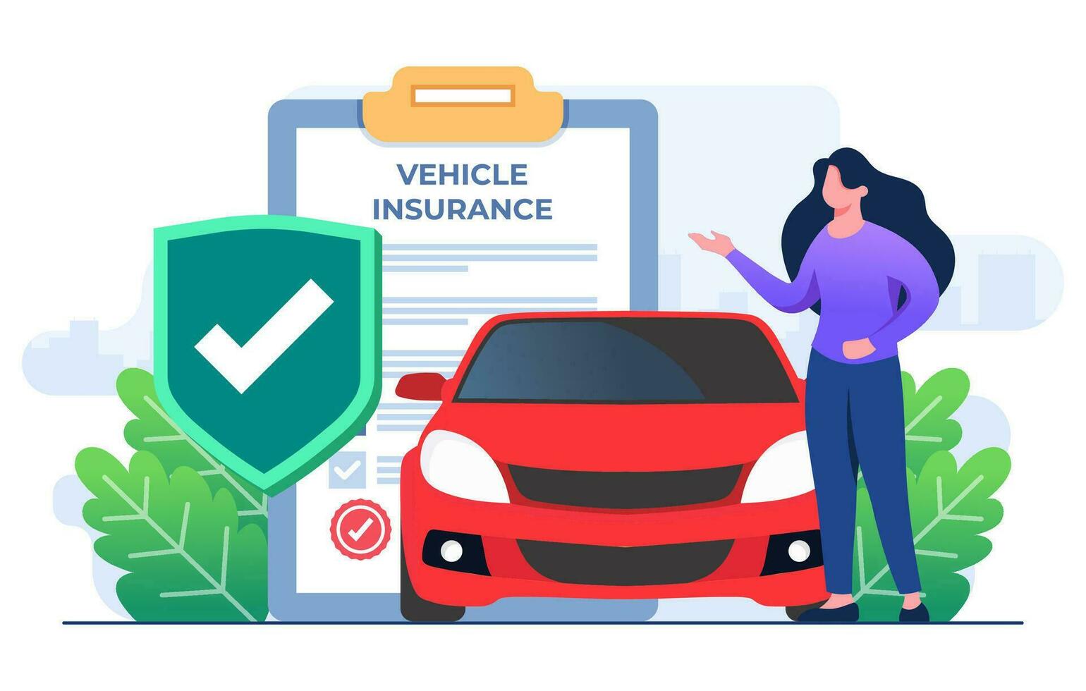 fordon försäkring platt illustration vektor mall, bil försäkring, bil säkerhet, bistånd och skydd begrepp för, ui, webb design, landning sida, infographic