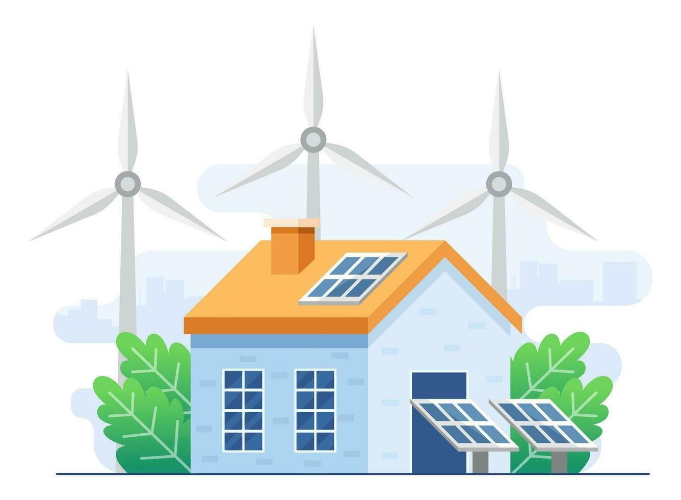 Grün Energie Konzept eben Illustration Vektor Vorlage, Landschaft mit modern Haus, Solar- Paneele und Wind Turbinen, Energie Wirksam Haus, verlängerbar Energie, Ökologie, Alternative Energie, Öko Haus