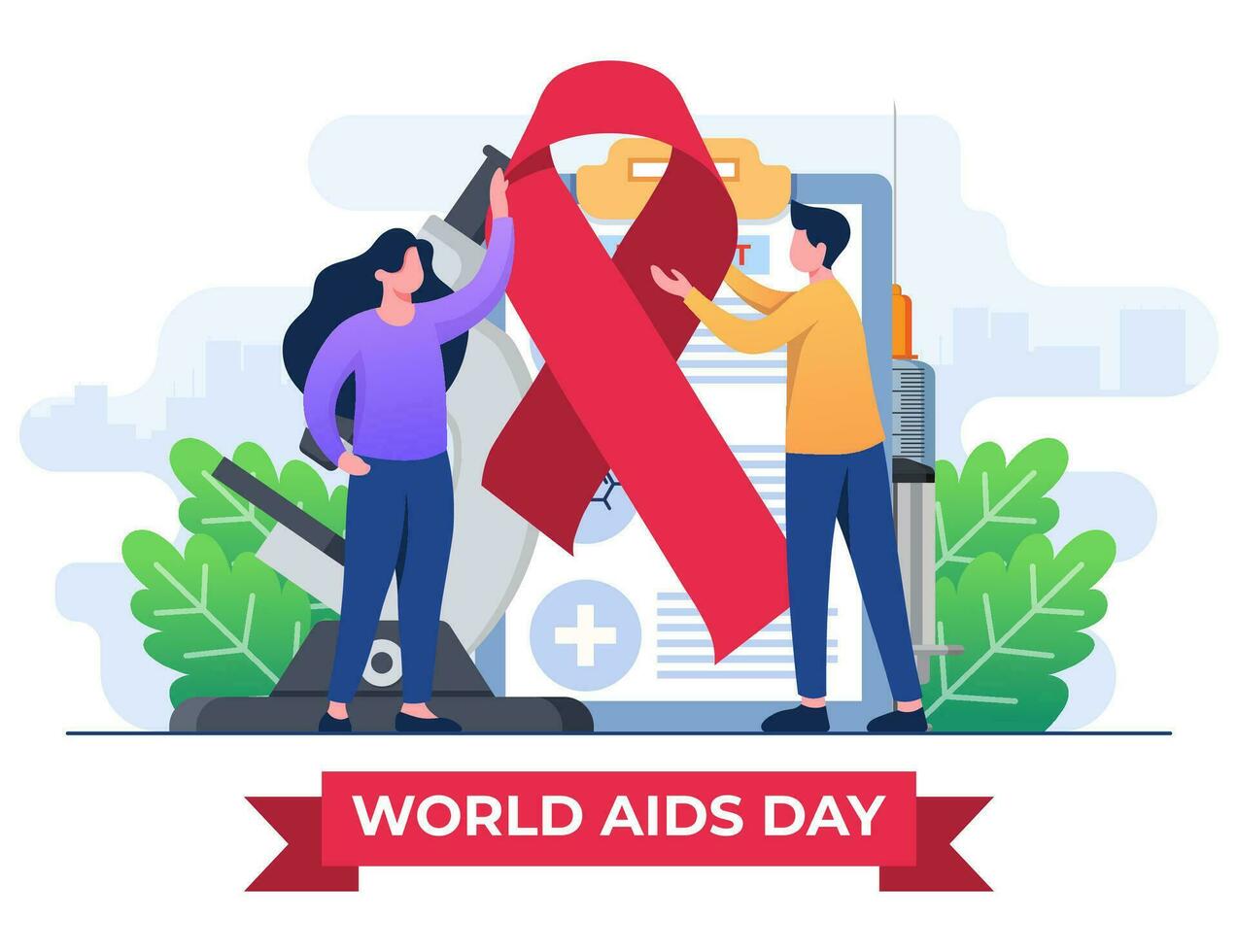 värld AIDS dag illustration begrepp platt vektor illustration vektor mall, medicinsk doktorer med ett HIV testa rör är forska hjälpmedel, röd band till höja medvetenhet av de AIDS epidemi