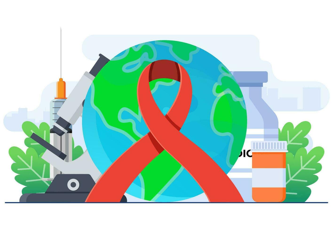 bröst cancer eller HIV AIDS medvetenhet begrepp platt illustration vektor mall, medicinsk Utrustning till forskning för sjukdomar och upptäckt mediciner, röd band till höja medvetenhet av de AIDS epidemi