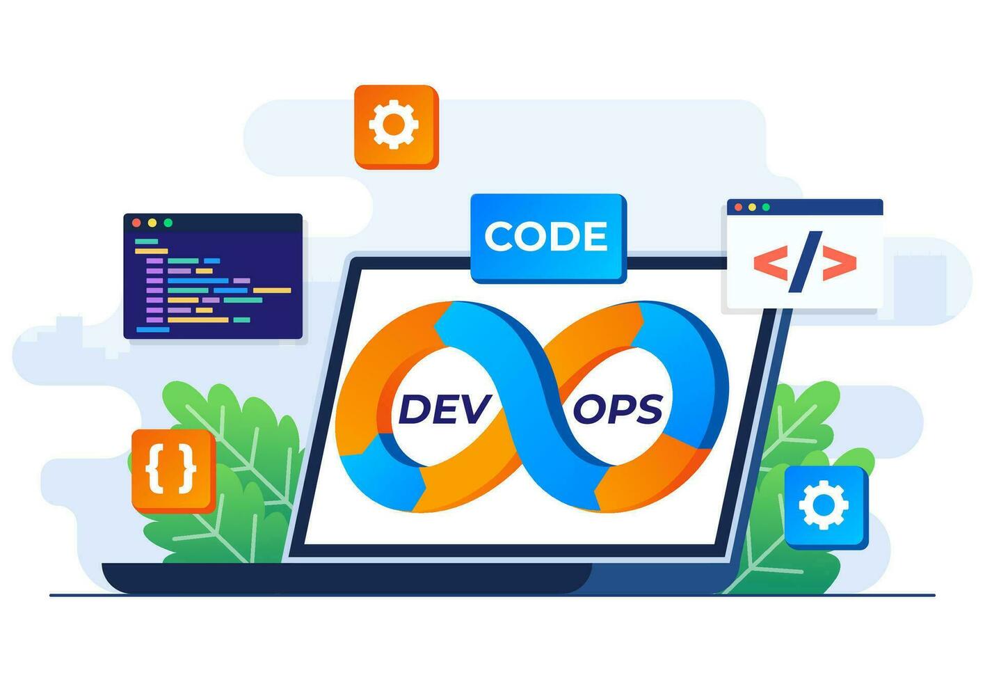 Devops Konzept eben Vektor Illustration, Software Entwicklung und es Betrieb Verfahren, technisch Unterstützung, Devops Methodik, Verwaltung Entwicklung Operationen, Programmierer mit Devops Methode