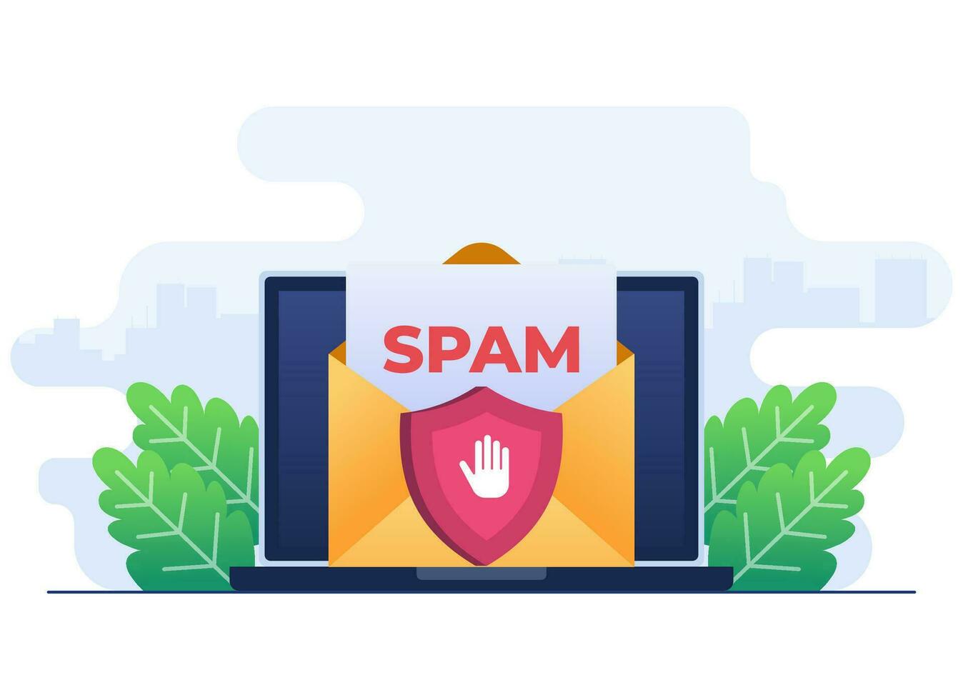 Spam Briefkasten Konzept eben Illustration Vektor Vorlage, Spam Warnung, Laptop mit Briefumschlag und dokumentieren, Warnung, Sicherheit,