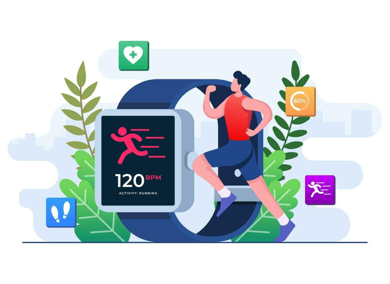 löpare övervakning hans hjärta Betygsätta i smart klocka, träna, kondition och hälsa begrepp, kondition app, handledsburen enhet, Träning, sporter övningar vektor