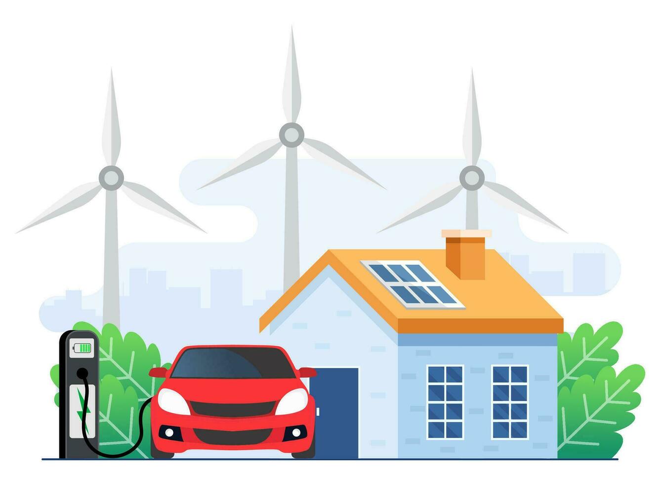 grön energi begrepp, landskap med modern hus, elektrisk bil avgift batteri i laddning station, solenergi paneler och vind turbiner, energi effektiv hus, förnybar energi, ekologi, alternativ energi vektor
