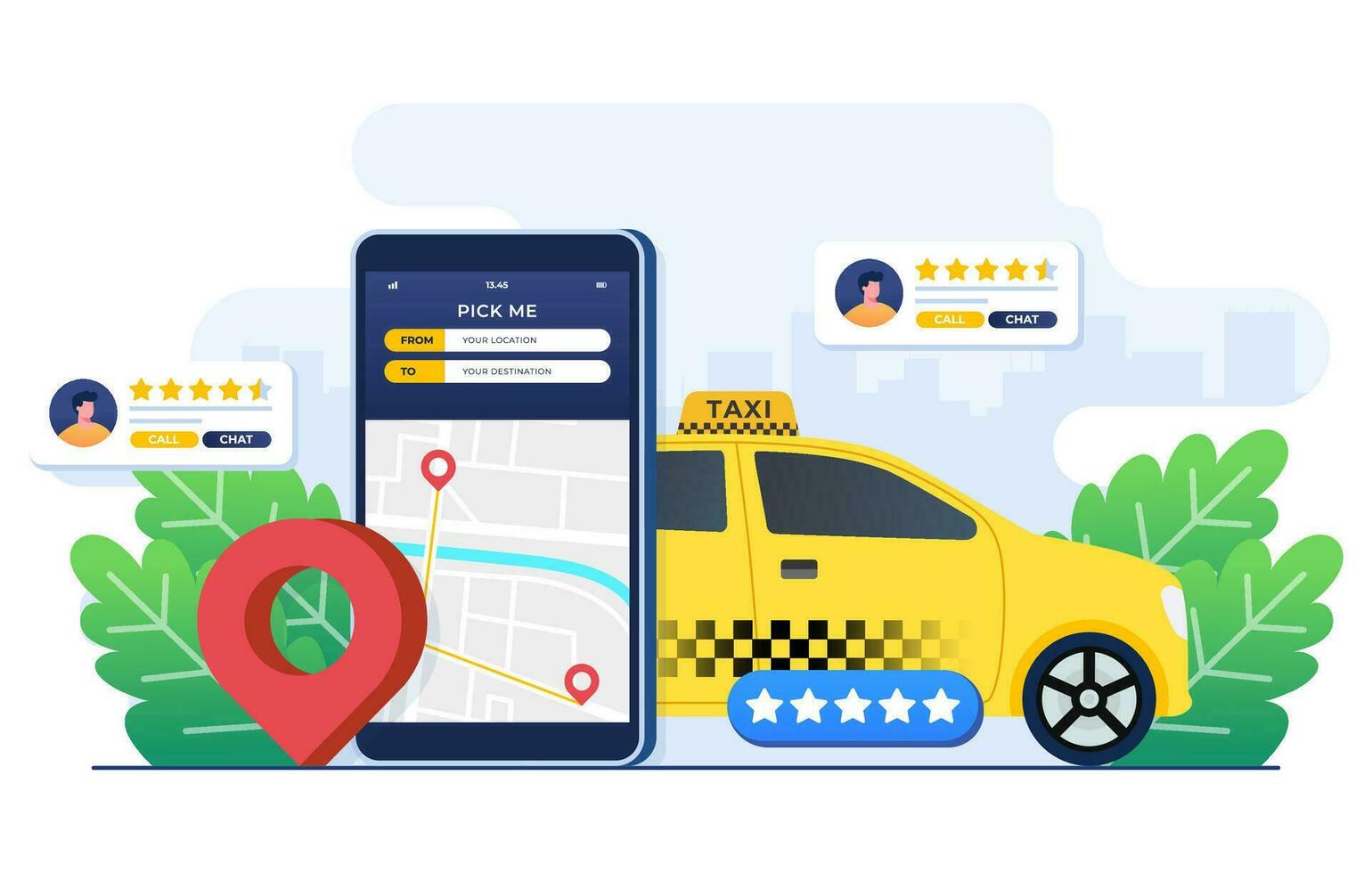 online Taxi Konzept eben Illustration, Taxi Bedienung Anwendung auf Smartphone Bildschirm, Miete und Teilen Auto, Fernbedienung Fahrzeug teilen, Navigation Stift, Smartphone mit Route und Punkte Ort auf Stadt Karte vektor