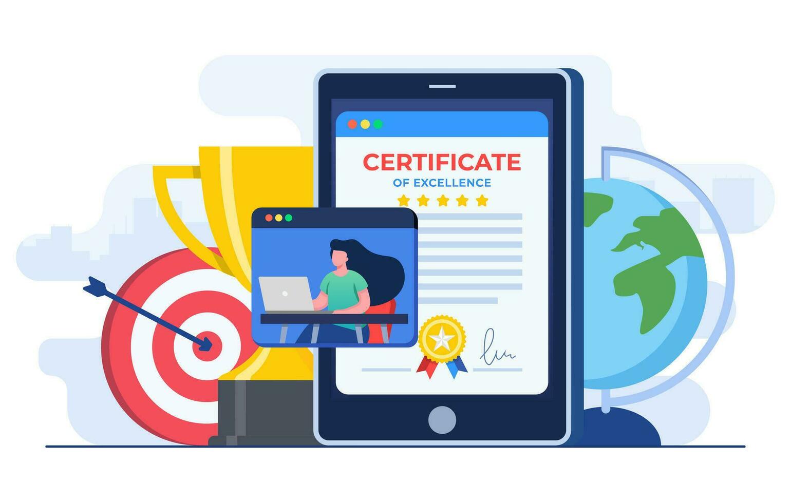 certifikat begrepp platt illustration vektor mall, tilldela, pris- och uppskattning begrepp, uppkopplad utbildning, Träning kurs, e-lärande, digital certifikat program, avlägsen och distans studie