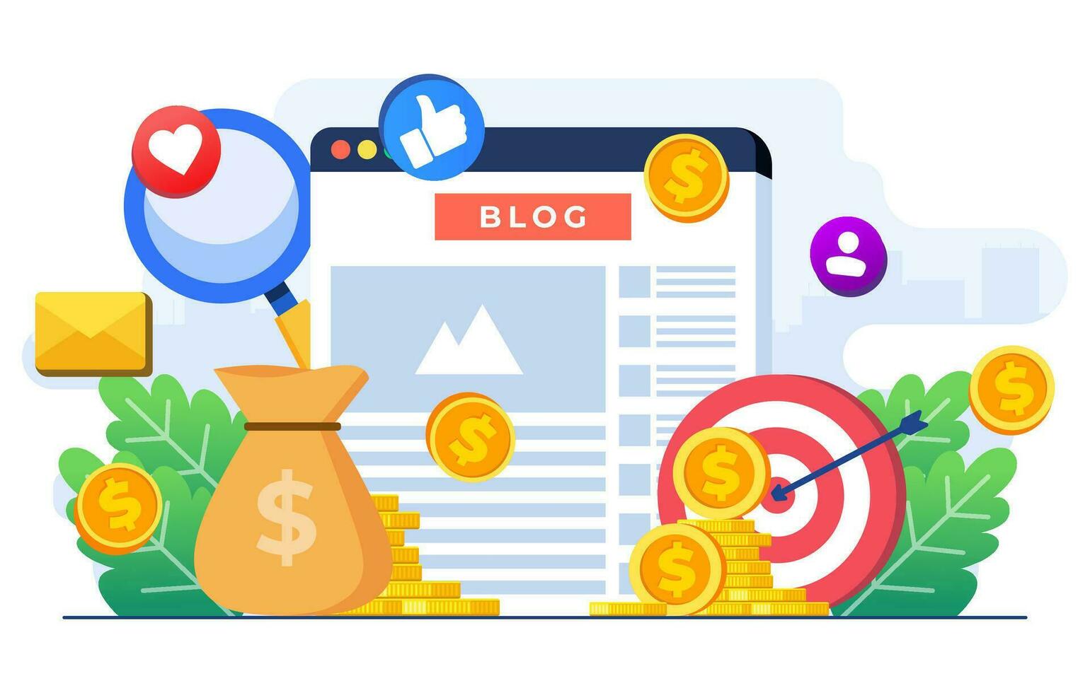 blog intäktsgenerering begrepp platt illustration vektor mall, framställning pengar uppkopplad, hemsida intäktsgenerering, analyserar blog innehåll och alstrande inkomst med ad placeringar och sponsor partnerskap