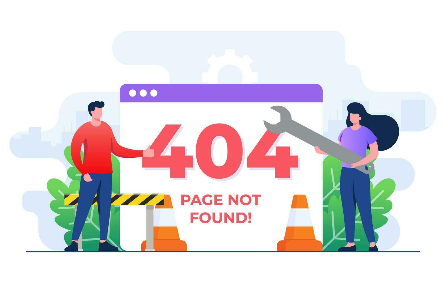 404 fel, systemet fel, bruten sida, utvecklare påfrestande till fixera de problem av webbsida, sida inte hittades begrepp platt illustration vektor mall för webb design, hemsida