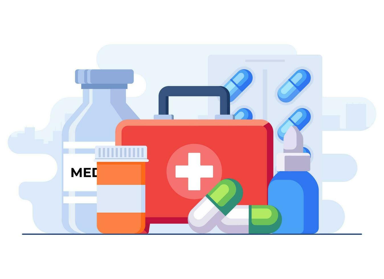 mediciner platt illustration vektor mall, medicinsk läkemedel, tabletter, kapslar, recept flaskor, apotek, sjukvård och hälsa rapportering