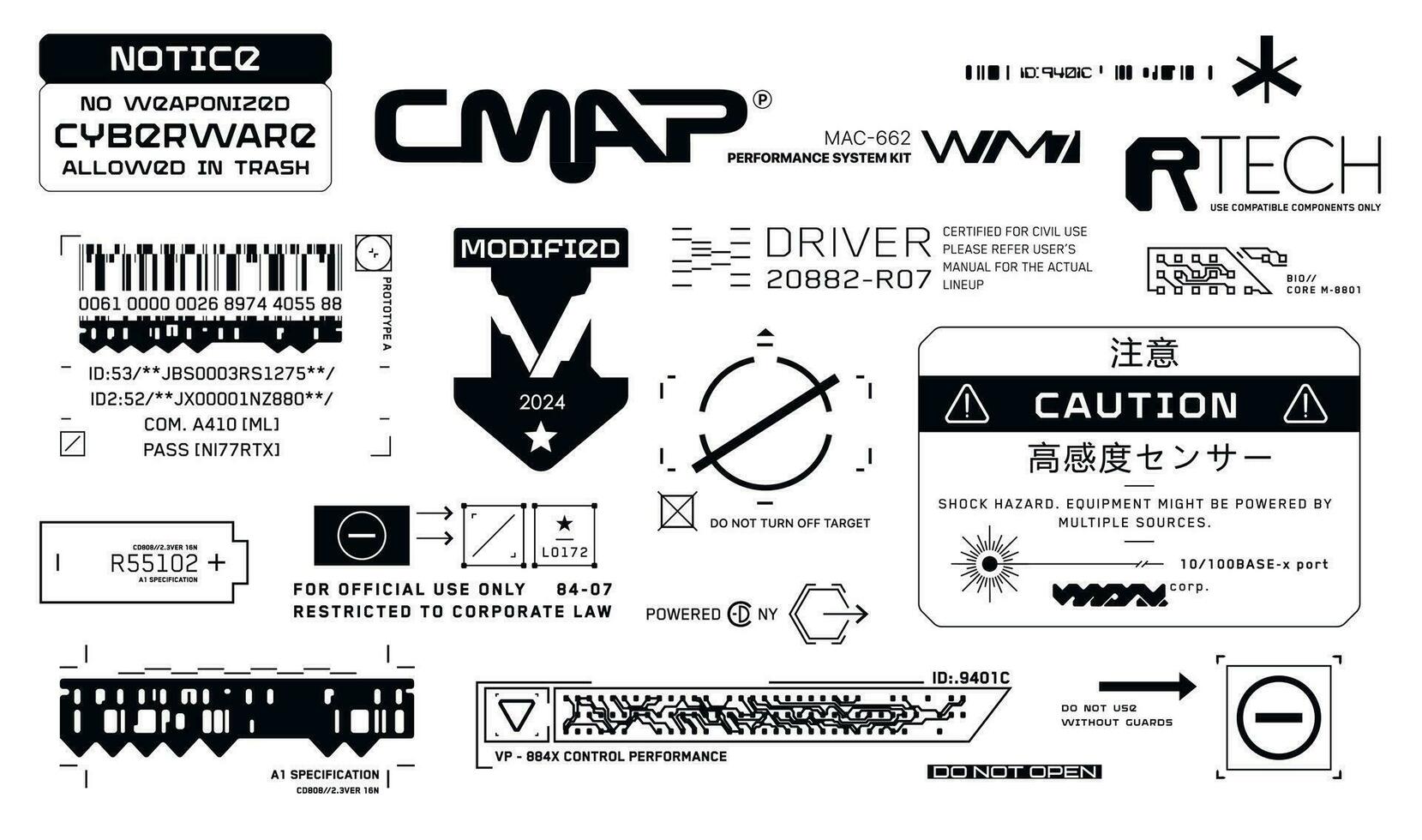 Cyberpunk Abziehbilder Satz. einstellen von Vektor Aufkleber und Etiketten im futuristisch Stil. Warnung Zeichen, futuristisch Inschriften und technisch Symbole. japanisch Hieroglyphen Notiz, hoch Empfindlichkeit Sensor