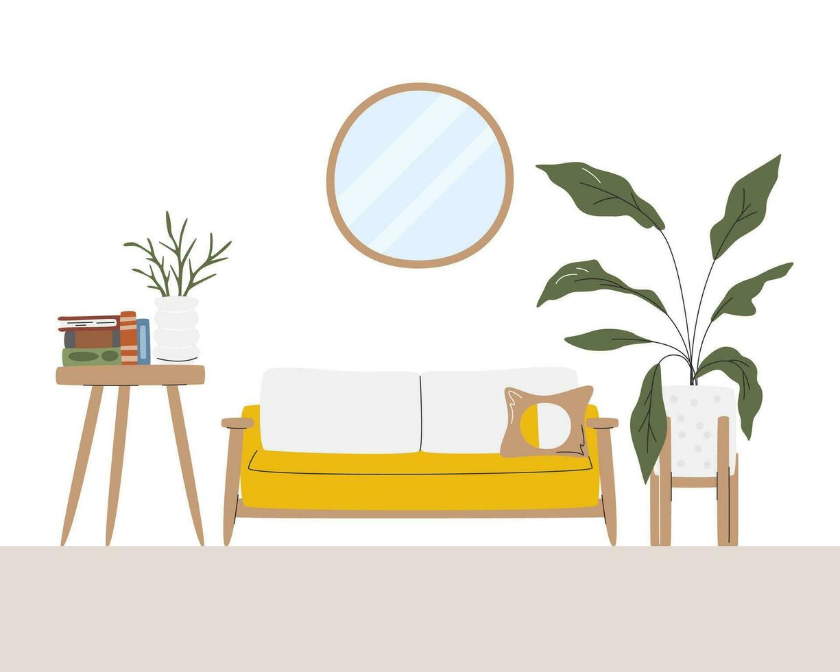 gemütlich Haus Innere Szene. minimalistisch Mitte des Jahrhunderts stilvoll Leben Zimmer mit Dekor. Zuhause mit Kaffee Tisch, Spiegel, Zimmerpflanzen, Bücher und Sofa. Salon Zimmer Design Hand gezeichnet eben Vektor Illustration