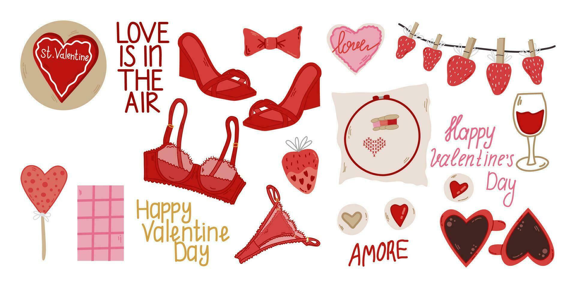 valentines dag söt element uppsättning. hjärta, underkläder, behå, trosor, skor, choklad, klubba, jordgubb, choklad, hjärta broderi, kors stygn, koppar hjärta, småkakor. vektor