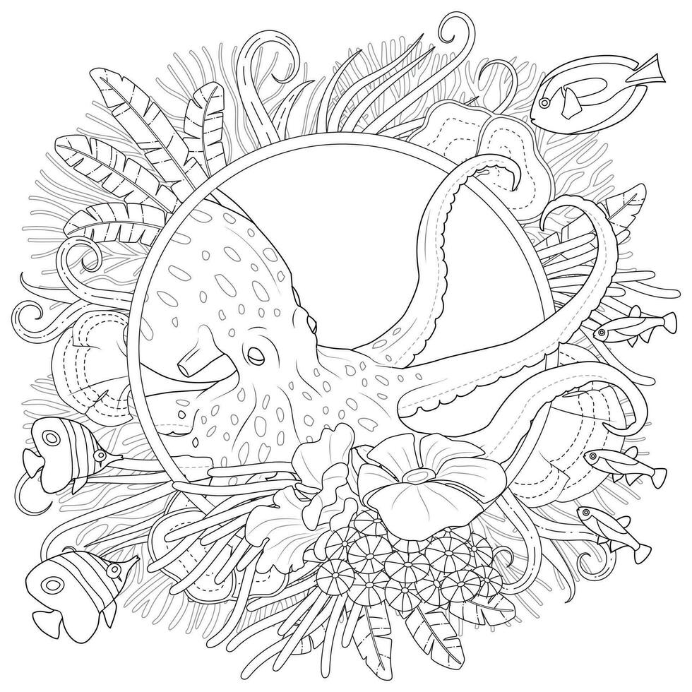 Tintenfisch und Fisch. Färbung Seite mit Meer Kreaturen. Linie gezeichnet Marine Tiere vektor