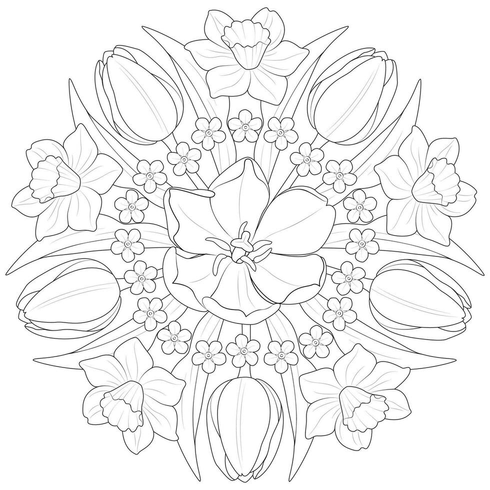 vår blomma mandala i svart och vit. runda mönster för färg vektor