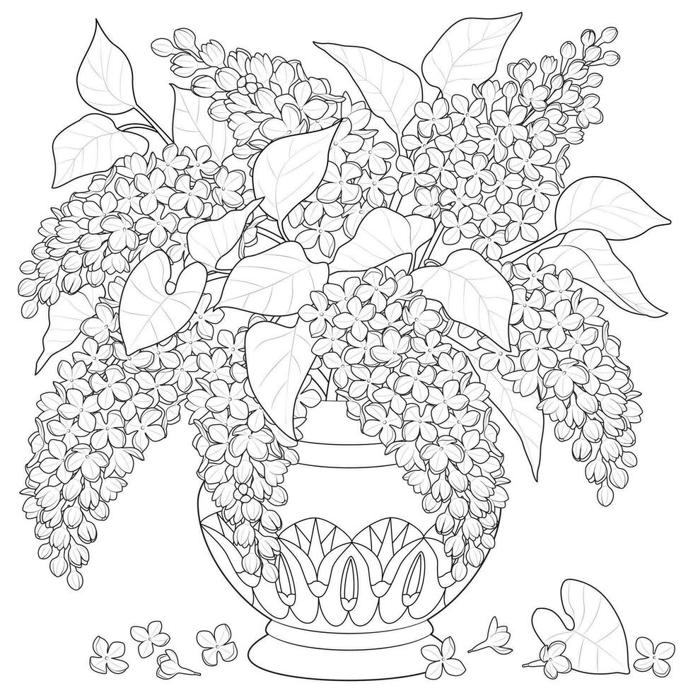 Strauß von Flieder im ein Vase mit ein Ornament Kunst Therapie Färbung Seite vektor