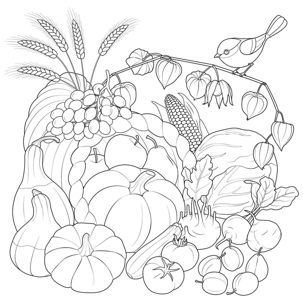 höst skörda grönsaker och frukt med fågel. svart och vit vektor