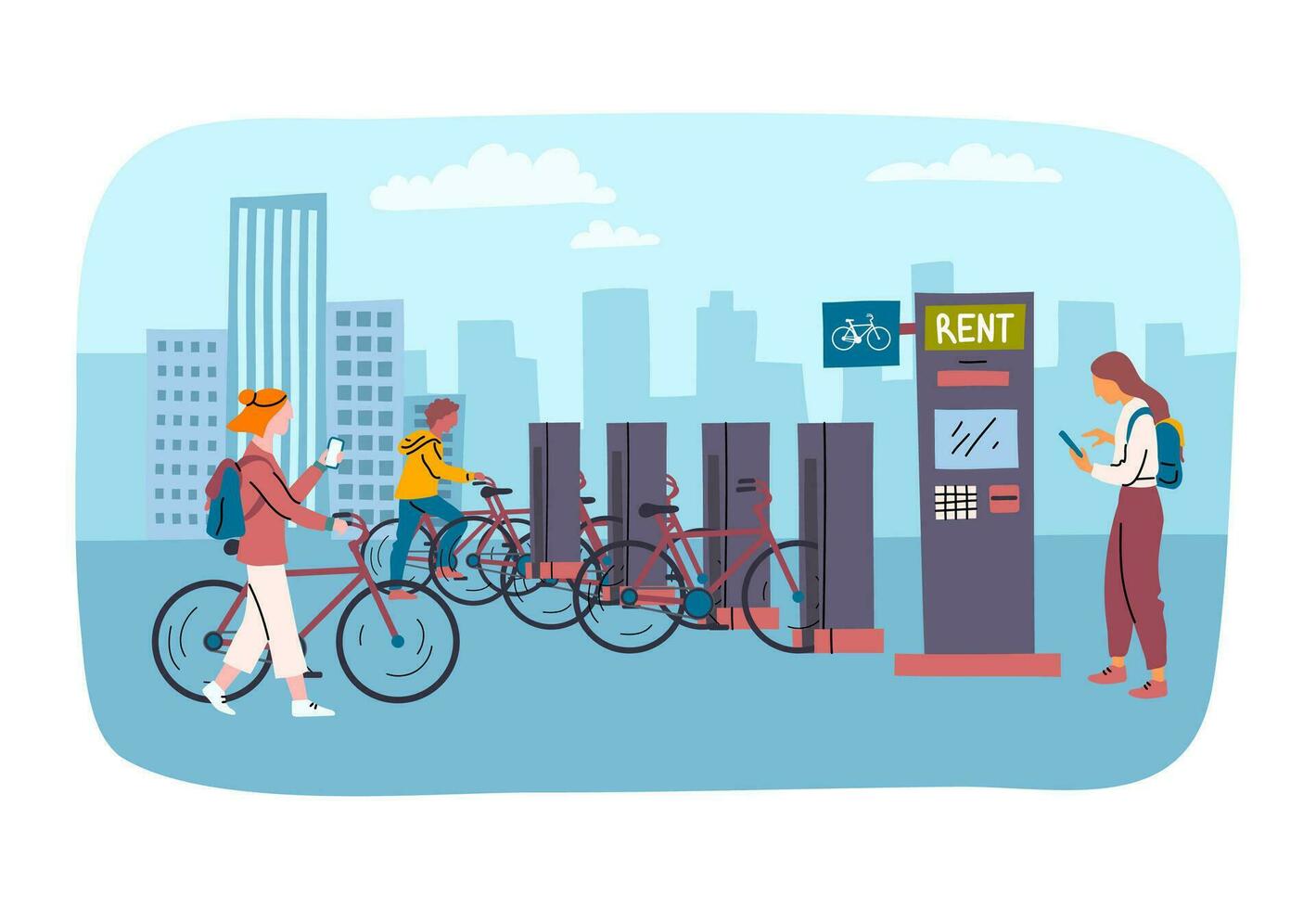 Karikatur Farbe Zeichen Menschen und Vermietung Fahrräder Geschäft Bereich Konzept. Vektor