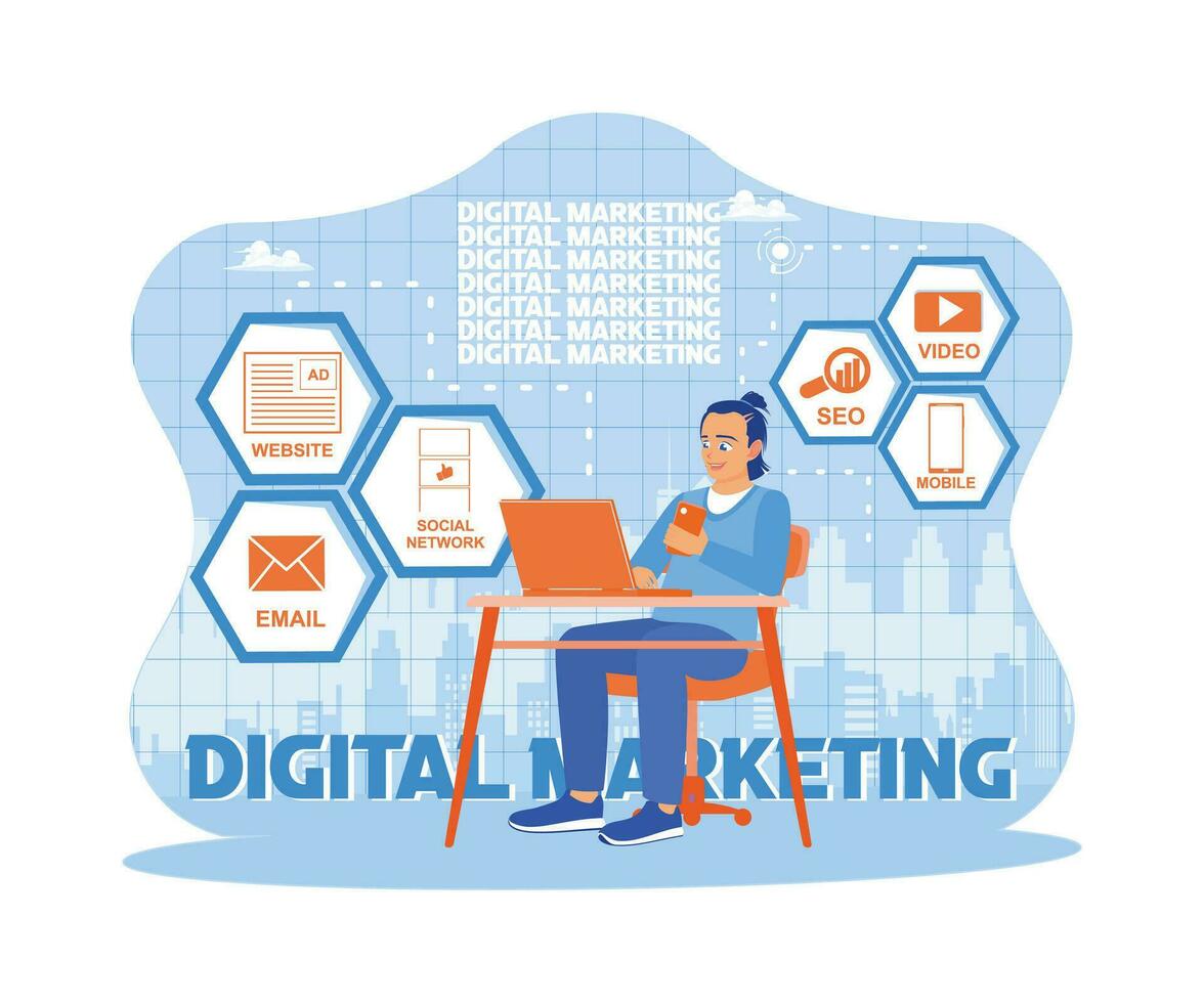 jung Mann Sitzung im Vorderseite von Laptop halten ein Handy, Mobiltelefon Telefon. verbessern Marketing Strategien durch optimieren SEO Suche Motoren. Digital Marketing, Internet Marketing Konzept. vektor