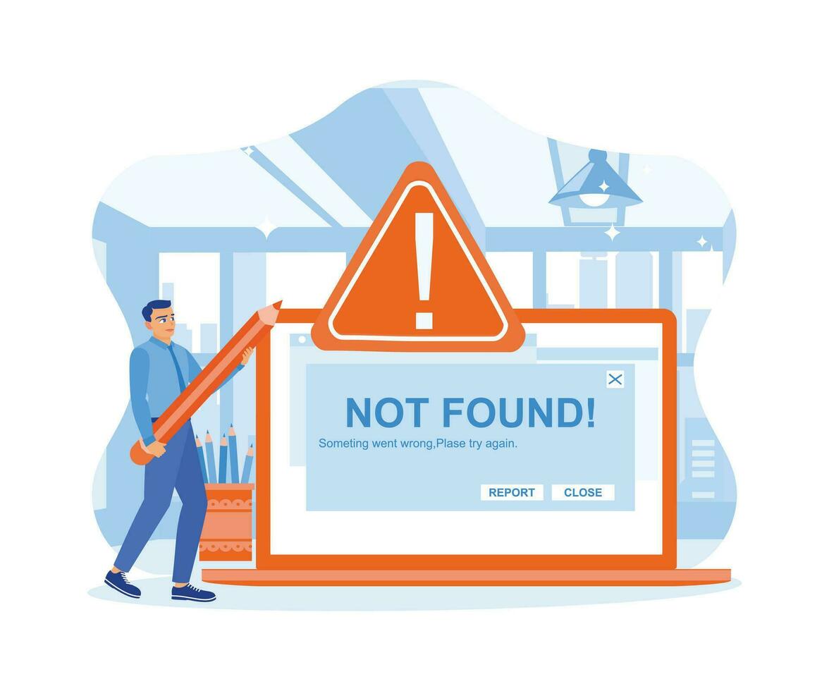 män arbete använder sig av bärbara datorer i de kontor. inte hittades 404 fel fel varning problem begrepp. 404 fel sida begrepp. trend modern platt vektor illustration