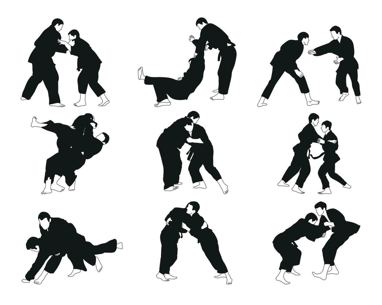 samling av judoka silhuetter, isolerat vektor