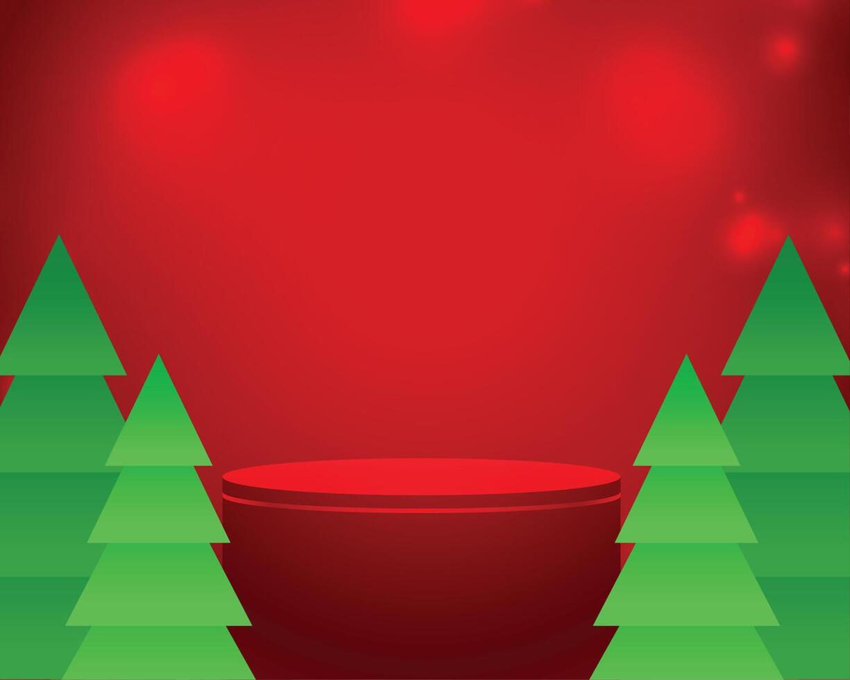 3d Podium mit Weihnachten Baum Design auf rot Hintergrund vektor