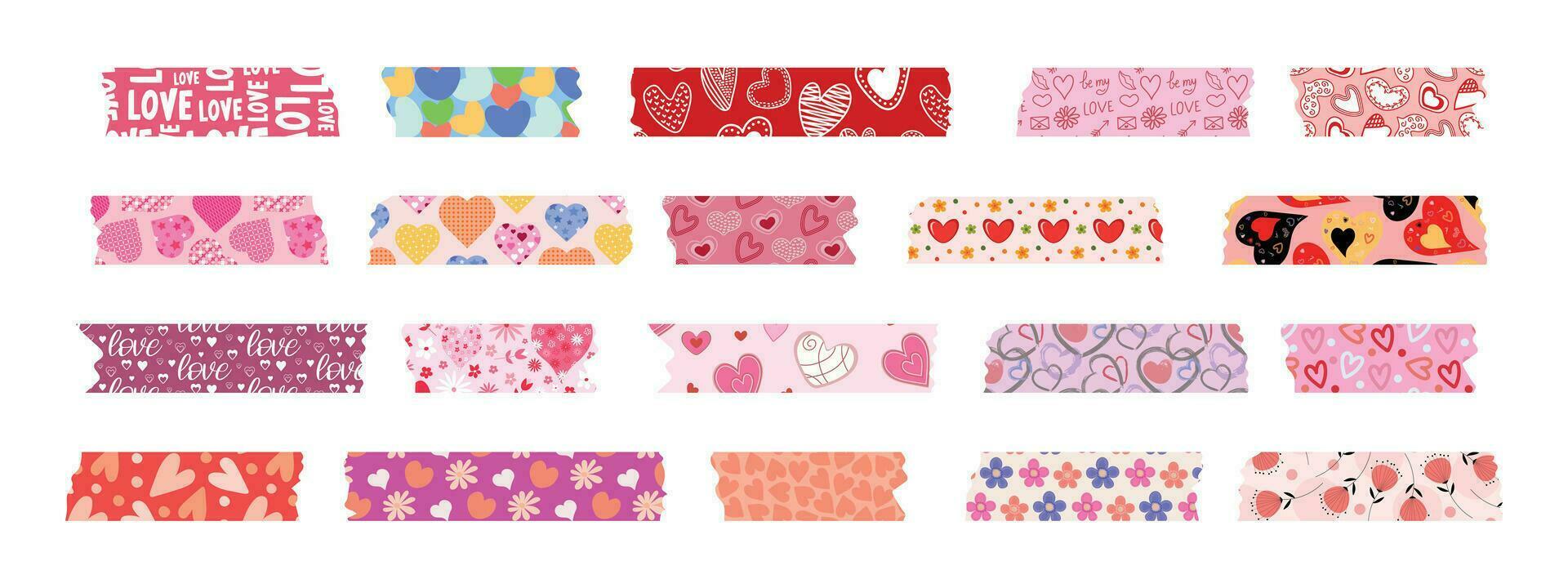 samling av washi band för hjärtans dag. färgrik klippbok remsor, klibbig etiketter med hjärtan och blommor. vektor
