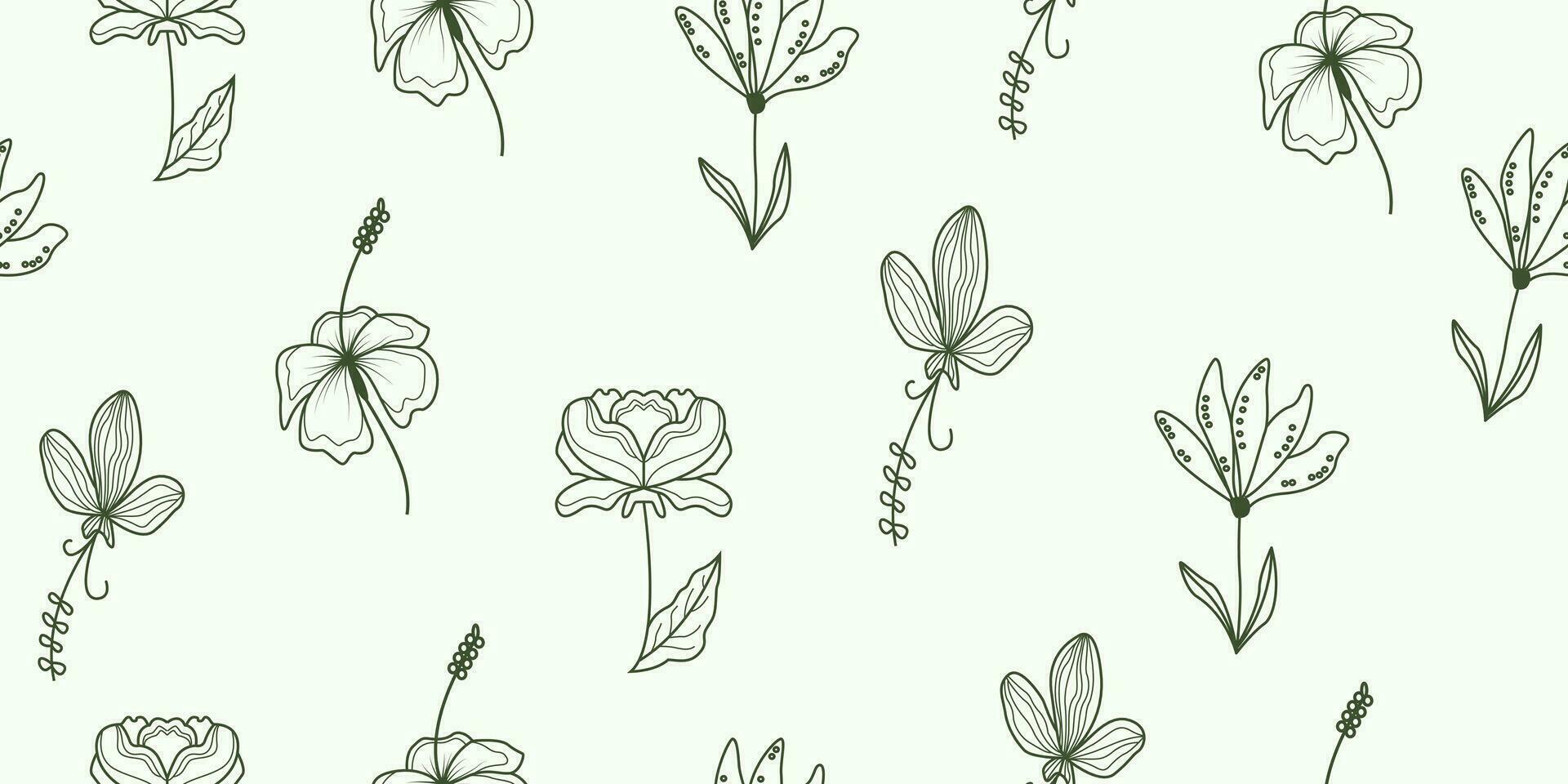 Vektor Muster von verschiedene Typen von Gliederung Blumen und Formen. Vektor Blumen- Muster. Design zum Hintergrund, Verpackung Papier, Hintergrund, Stoff. Vektor Gliederung nahtlos Muster