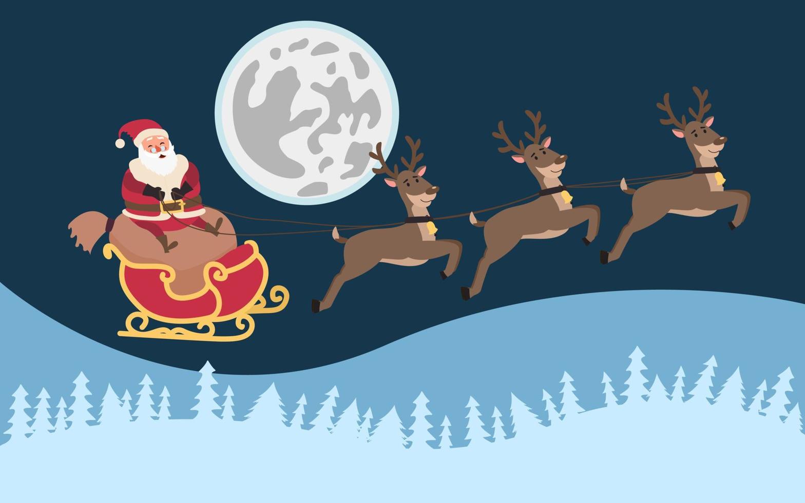 Santa auf einem Schlitten mit Rentieren fliegt über den Himmel vor dem Hintergrund des Mondes. vektor