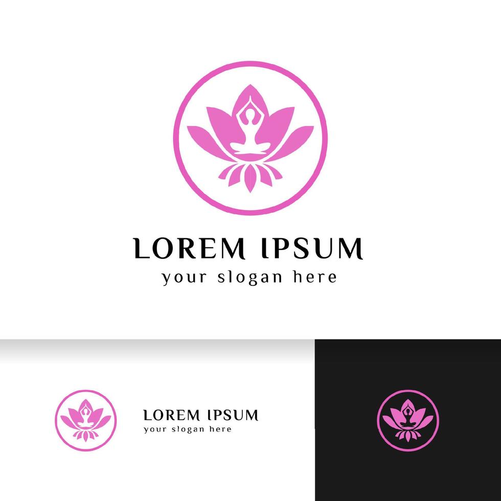 yoga logotyp design lager. mänsklig meditation i lotusblomma vektorillustration i rosa färg vektor