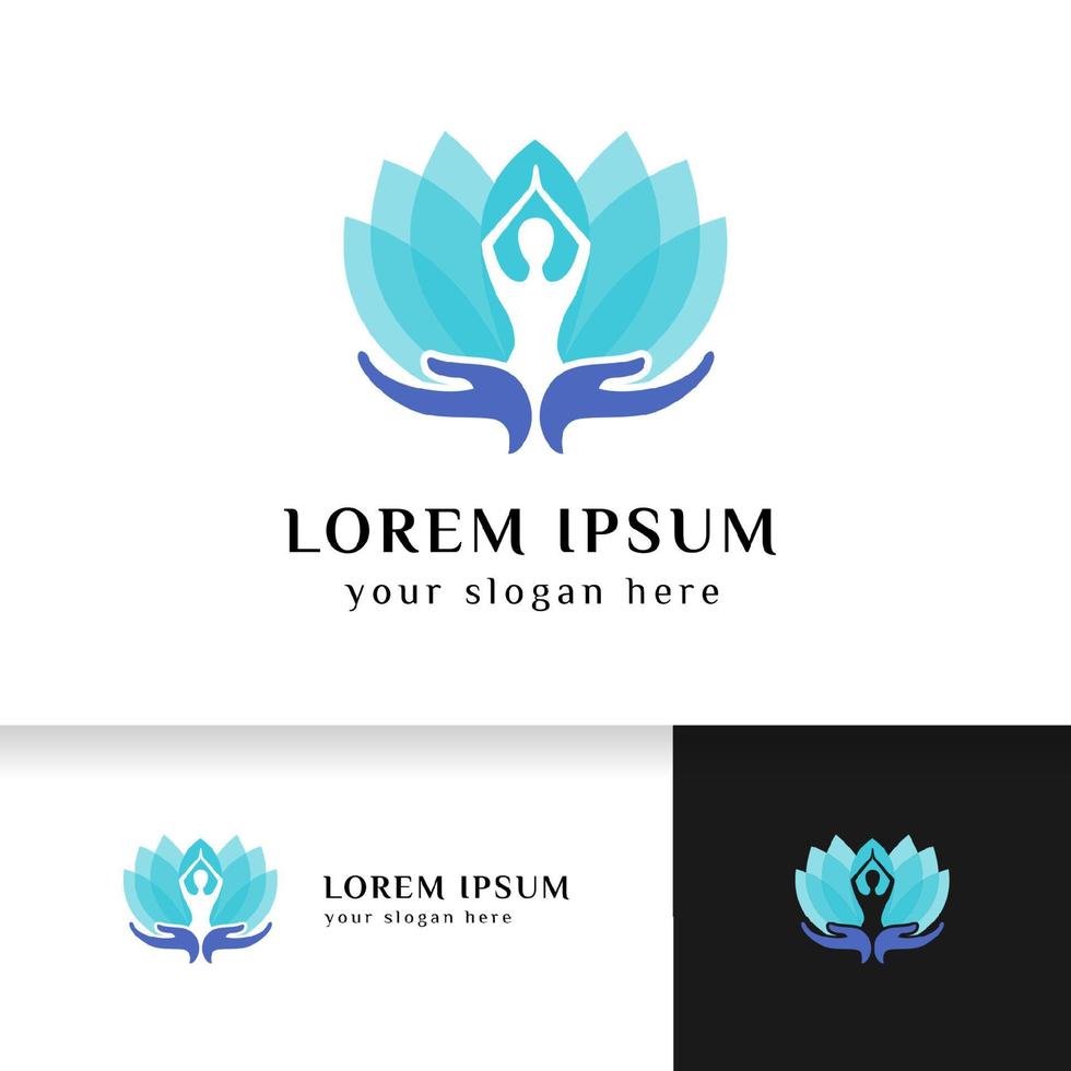 Yoga-Logo-Design-Lager im Overlay-Farbstil. menschliche Meditation in Lotusblume mit Handpflege-Vektorillustration vektor