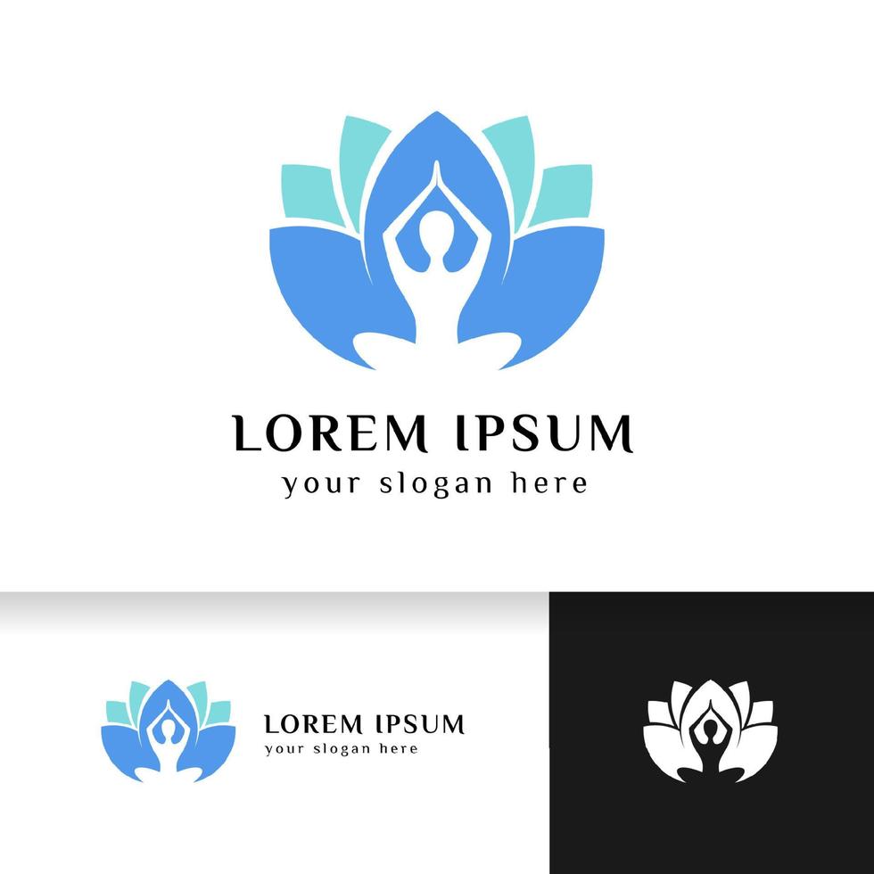 yoga logotyp design lager. meditation i lotusblomma illustration vektor