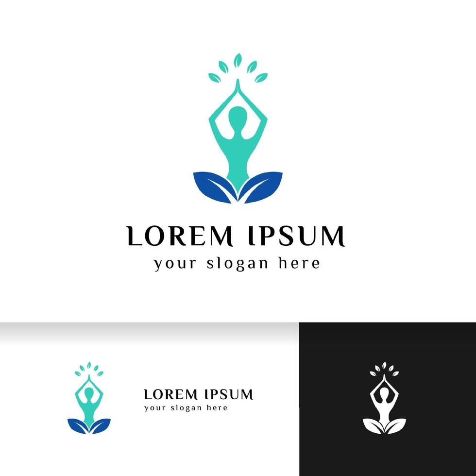 yoga logotyp design lager. mänsklig meditation i ovan av blad vektor illustration i lila och rosa färg