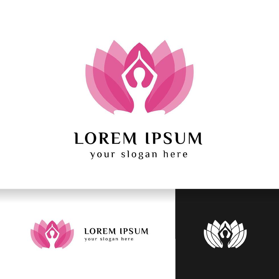 yoga logotyp design lager. meditation i lotusblomma illustration vektor